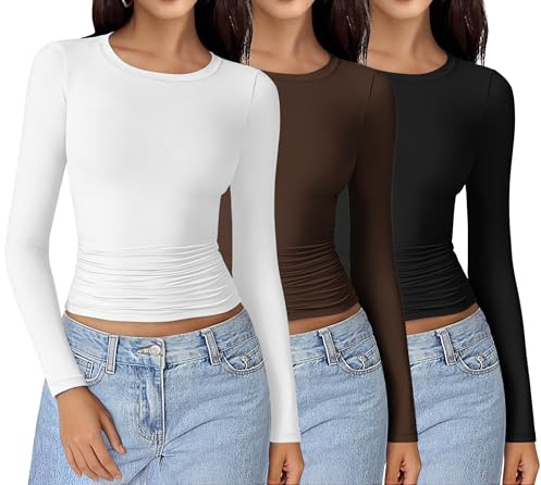 Ekouaer Langarmshirt Damen Seitlich Gerüscht Themroshirt | Rundhals, Longsleeve 3 pack Set, Basic Tops, Thermo Oberteil, Slim Fit, Atmungsaktives Baselayer für alltag & outdoor