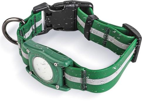 PetIsay Wasserdichtes Hundehalsband mit integriertem AirTag-Halter, IP68-bewertet, reflektierend, verstellbar, Biothane-Halsband für kleine, mittelgroße und große Hunde (Grün, L)
