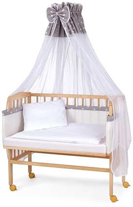 waldin Baby Beistellbett mit Matratze und Stoffen, Höhen-verstellbar, Große Liegefläche 90x55cm, Holz Natur, Grau/Weiß Sterne