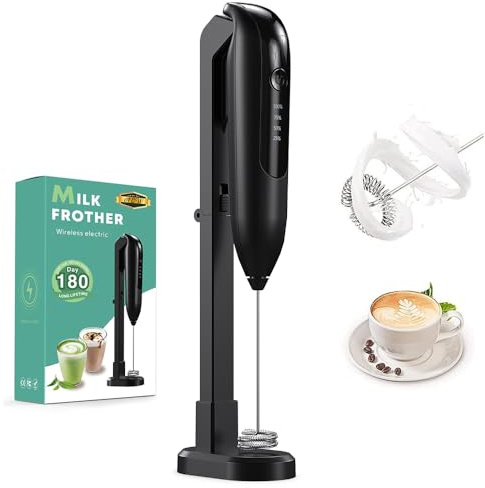 KBIBCK Milk Frother Handheld, Rechargeable Milk Frother, Electric Whisk Foam Maker with Foldable Integrated Charging Stand, 2 Adjustable Speed for Coffee, Matcha, Hot Chocolate, Tea with Milk (Black)