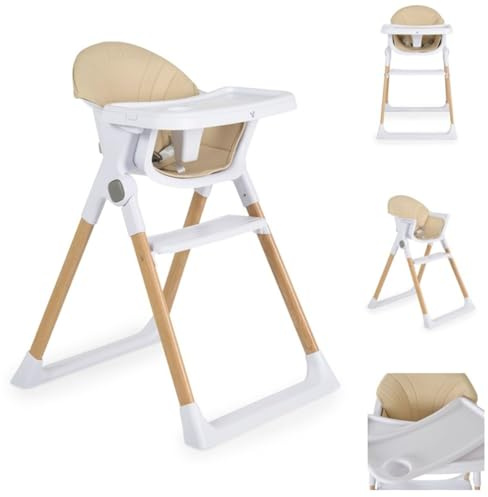 Cangaroo, seggiolone pieghevole effetto legno color mandorla con doppio vassoio, colori:beige