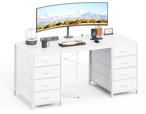 MUTUN 120cm Computer Desk with 8 Drawers, Home Office Desk with Power Outlets, Modern Table with Large Storage for Writing, Study, White