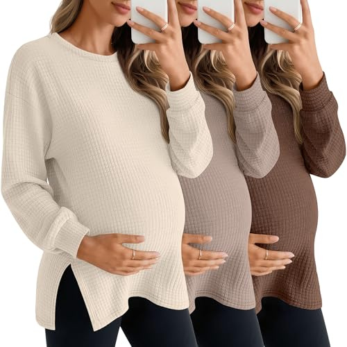 Sweetyweee 3 Pack Women's Maternity Shirts Long Sleeve Waffle Knit Side Split Oversized Tops Pregnancy Clothes Fall Tees(Apricot, Khaki, Brown,Medium)