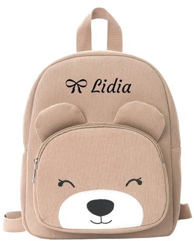 Generisch Khaki Personalisierter Kinderrucksack aus Kordstoff 24cm x31cm | Mit Gesticktem Namen, Weicher Kordstoff, Kindergarten Rucksack, Niedlicher Rucksack für Mädchen&Jungen; Schule & Reise