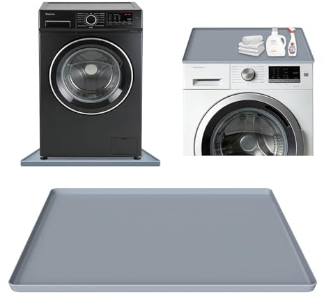 27 x 27 Silicone Washing Machine Drain Pan, Waterproof Washer Drip Tray with Raised Edge, Non-Slip Anti-Vibration Mat for Washing Machine, Dryer, Refrigerator, Floor Leak Protection Pad (Grey)