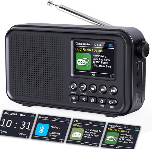 ROCAM DAB Radio Portable with Bluetooth 5.0 & Hi-Fi Speaker, 3000mAH Rechargeable Battery Radio, Mains Powered Digital Radio, 2.4 Display, 40 Presets Stations, Dual Alarms, TF Card Support, EQ Modes