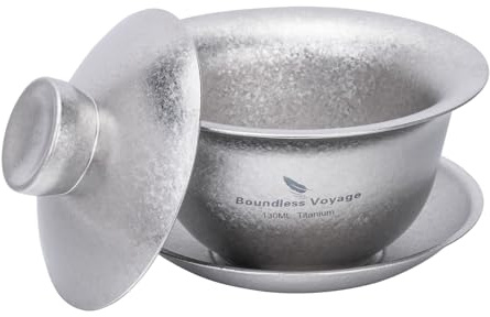 Boundless Voyage Titanium dubbelväggig tekopp 4,4 oz/130 ml kinesisk Gaiwan teskål med lock och tallrik set Ti3144-D