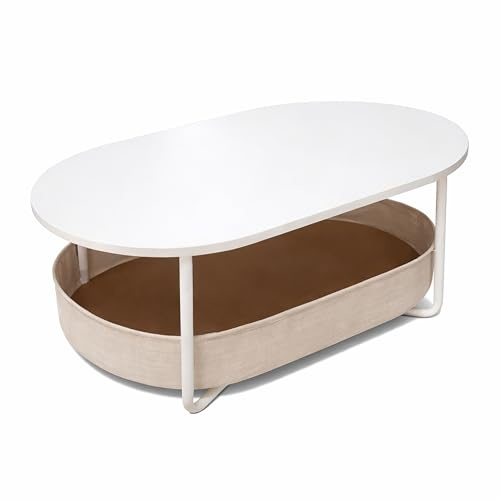 Relaxdays Couchtisch, mit Stoffkorb, oval, Beistelltisch mit Stauraum, HxBxT: 55x100x45 cm, MDF & Eisen, Farbwahl