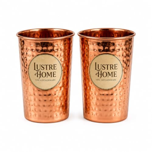 lustre Home Hammered Pure Copper Cups 300ml Set of 2 for Drinking Water | Handcrafted Pure Copper Tumblers for Water, Ayurvedic Hydration, Home, Office & Gift