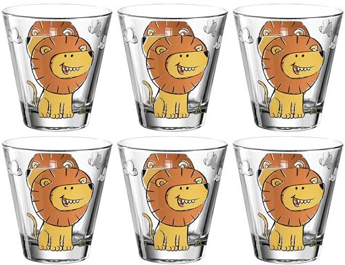 Leonardo Bambini Trink-Glas 6er Set, Kinder-Becher aus Glas mit Tier-Motiv Löwe, spülmaschinengeeignete Saft oder Wasser Gläser, 215 ml, 017899