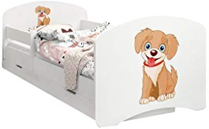 Happy Babies - Doppelseitiges Kinderbett MIT SCHUBLADE Modernes Design mit sicheren Kanten und Absturzsicherung Schaumstoffmatratze 7 cm. (160x80, 13. Hund)