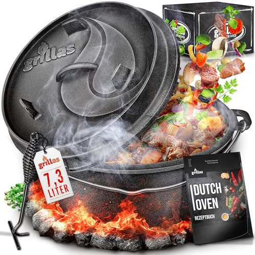 grillas Dutch Oven Set inkl. Rezeptideen | bereits eingebrannt - preseasoned | Feuertopf Gusseisen I Bräter mit Deckelheber und Henkel (Topf ohne Füße, 7,3 Liter / 6 QT)