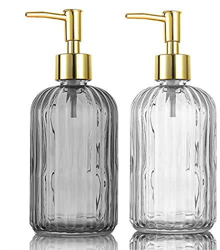 HOHAOO Versatile Glass Soap Dispenser Bottle with Pump, 14 Oz Dripless Pump Bottle, Refillable Liquid Hand Jar Dispenser for Bathroom, Countertop, Kitchen, Laundry Room(1 Pack Grey, 1 Pack Clear)