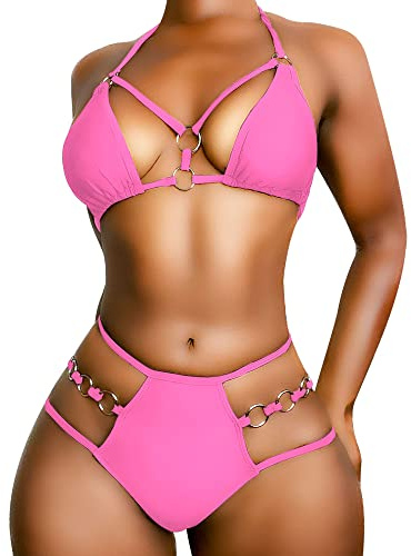 EJsoyo Sexy Damen-Bikini, Tanga, Badeanzug, Push-Up-Badeanzug, gepolstert, 2-teilig, freche Bademode mit Metallring, Pink, S