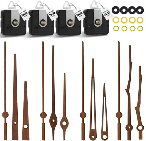DEEWISH 4er Set Walnussholz-Uhrzeiger mit 20 mm Schaft 4 leisen Quarz-Uhrwerken ohne Ticken, passend als Ersatz für 30–36 cm Uhren