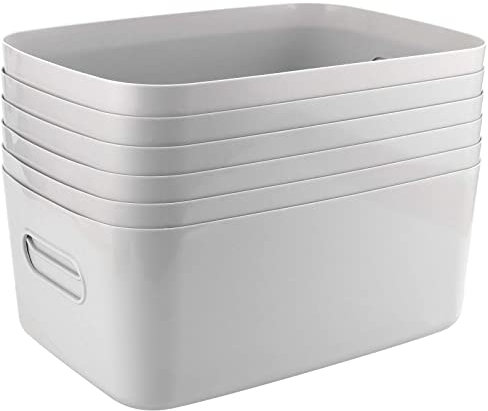 JEUIHAU 6 Pack Grey Plastic Studio Storage Baskets - 30 x 20 x 12cm Large Rectangular Organizers With Handles for Cupboard, Bathroom, Office