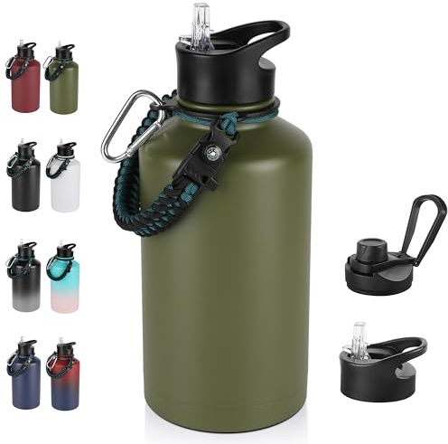 64 oz Insulated Water Bottle with Straw & Spout Lids, Stainless Steel Metal Half Gallon Water Jug with Paracord Handle, Double Wall Vacuum, Leakproof, Keep Drinks Cold & Hot, Army Green
