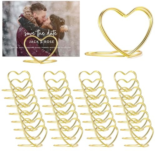 CUNGLIN Gold Table Number Place Card Holders 32 PCS, Small Heart Shape Card Stand Business Card Card Holders for Wedding Mini Photo Playing Cards Holder Picture Photo Menu Memo Christmas Card Clips