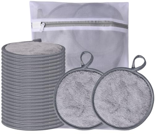 Large Reusable Makeup Remover Pads for Face, Soft Microfiber Makeup Remover Cloths Washable, Premiun 5 INCH Face Cleaning Pad with Laundry Bag, 24 Pack Grey