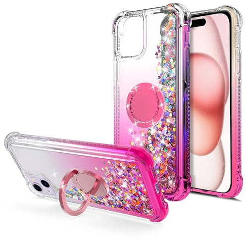 WORLDMOM Coque liquide flottante avec béquille pour iPhone 15, rose | Cœur scintillant, drôle, bling, TPU transparent, mouvement liquide, anneau rotatif, or rose