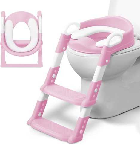 KIDOOLA Adjustable Potty Ladder Seat for Toilet Training with Steps, Handle & Soft Cushion Design Non Slip & Space Efficient Toddlers & Children Unisex Foldable & Easy Assembly Splash Guard Included