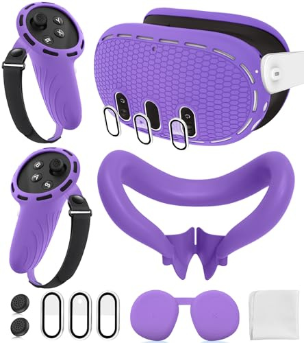 Silicone Cover Set Compatible with Oculus/Meta Quest 3 Accessories, Touch Controller Grips Cover, VR Shell Cover, Facial Interface Cover, Protective Lens Cover, Tempered Glass Lens Caps (Purple)
