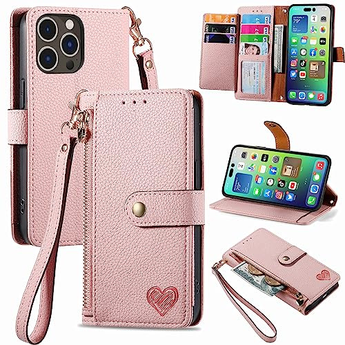 VEEMOS Zipper Wallet Case for Apple iPhone 14 Pro Max Phone Case with Purse Card Holders RFID Blocking Leather Flip Case Book Cover Wrist Strap Women - Pink