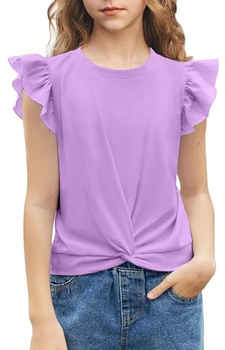 Arshiner Ragazze T Shirts Ruffle Manica Corta Collo Rotondo Twist Camicetta Anteriore Estate Solido Colore Casual Ragazza Tee Tops per 5-12 Anni