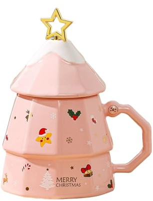 Christmas Mug with Handle,Xmas Ceramic Coffee Mug with Cup Lid & Spoon,Tea Cup,Christmas Tree Mug,Birthday Gifts,Party Decorations,Tea Mug,Novelty Ceramic Mug (Pink)
