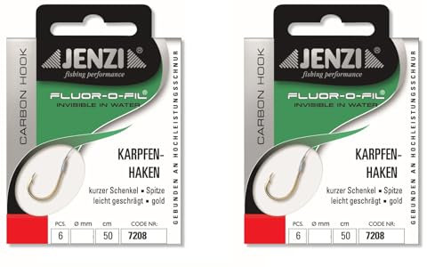 Set: 2 Packungen gebundene Karpfenhaken von Jenzi, Allroundhaken, Karpfen (12 Stück) Hakengröße 2, 4, 6, 8 an Fluor Carbon, Vorfach fertig + gratis Petri Heil! Aufkleber (Hakengröße 2)