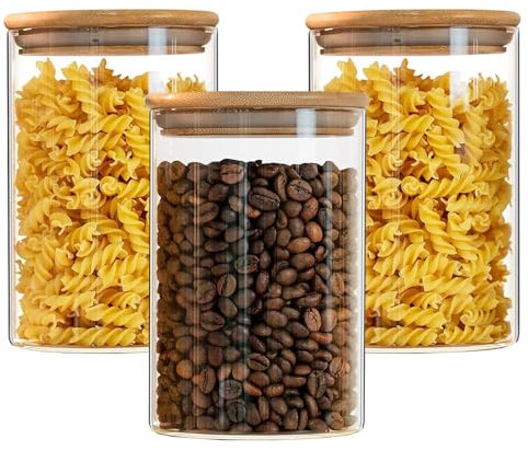 Hylruu Round Glass Storage Jars with Lids 1000ML Set of 3 - High Borosilicate Glass Airtight Kitchen Food Canisters Cylinder Clear Preserving Seal Containers with Lid