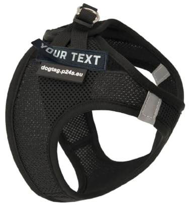 P24S SMART Step-In Hundegeschirr mit Zwei kostenlosen Benutzerdefinierten Patches Klettsticker Wunschlogo für kleine Hunderassen mit Digital Dogtag Service (Schwarz, M (Brust: 55-61 cm))