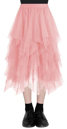 AUYAO Dam oregelbunden tutu tyllkjol, lång elastisk tyll A-linje midi kjol, oregelbunden kvinna kjol lager balett kjol, vintage elegant avslappnad dam kjol tyll, karneval jul fest prom, Rosenröd