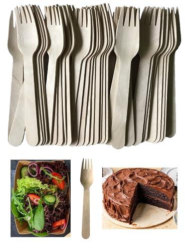 VEZODEK 50 Stück Holzgabeln 16cm Holz Gabeln | Braun Kuchengabeln Holzbesteck Mehrweg | Einweggabeln Holzgeschirr Dessertgabeln | Sausage Party Besteck Wooden Forks (50, 16cm)