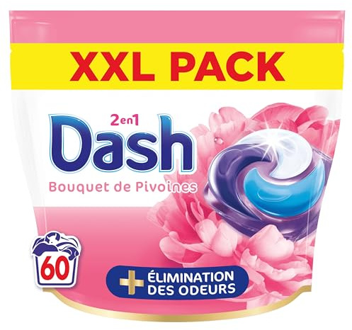 Dash 2en1 PODS, Lessive En Capsule, 60 Lavages, Bouquet de Pivoines, PLUS DE FRAÎCHEUR, ÉLIMINATION DES ODEURS avec l’adoucissant Lenor, Fabriquée En France, Dash 2in1