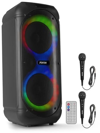 Fenton Track510 Musikbox Bluetooth Groß mit LED 160W, 10 Std Akku, 2 Mikrofone, Fernbedienung, Partybox Bluetooth Box Groß, Stereo-Pairing, Tragbare Musik Box mit Mikrofon, Boom Box - Schwarz