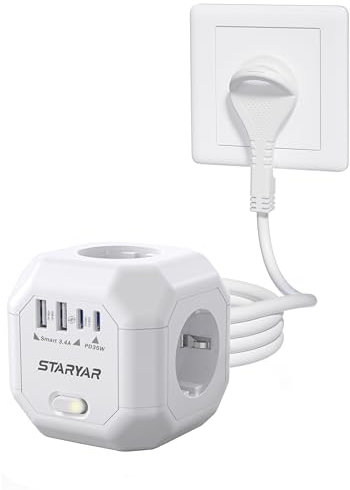 4 Fach Steckdosenwürfel, Flachstecker Mehrfachsteckdose Würfel, Steckdosenleiste Cube mit USB 4000W, Mehrfachstecker Steckdosenadapter 2M Verlängerungskabel Steckerleiste Überspannungsschutz für Büro