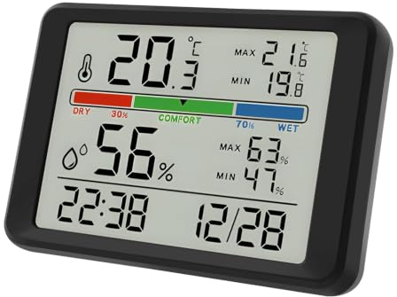 GWCYMYD Digitales Thermo-Hygrometer Innen, Thermometer Hygrometer mit LCD-Display, Uhr & Alarm, Magnetisches Temperatur und Luftfeuchtigkeitsmesser für Zuhause, Gewächshaus, Büro | Thermometer Hygrometer mit Uhr, Alarm und LCD-Display, Magnetisch für Zuhause, Büro und Gewächshaus