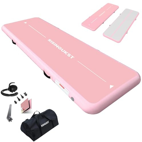 RISINGUKST Air Matte Track, 3m Aufblasbar Gymnastikmatte Turnmatte Tumbling Matten 15cm hoch mit Luftpumpe(Weiß und Rosa, 300x100x15cm)