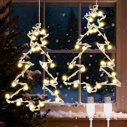 2 Stück Weihnachtsbeleuchtung Fenster, Weihnachtsdeko Fenster Beleuchtet, LED Fensterdeko Weihnachten Beleuchtet, Weihnachtsstern Fenster Lichterkette für Weihnachten Deko, Balkon, Party, Hochzeit