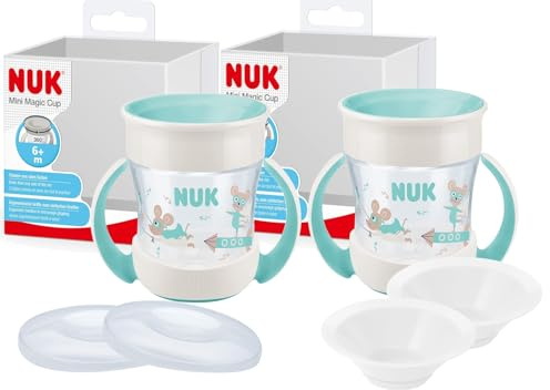 NUK Mini Magic Cup Set – 2x Mausmotiv Trinklernbecher 160ml + Ersatzdeckel & Ersatztrinktüllen – Kindgerecht, BPA-frei, Baby Becher ab 6 Monate