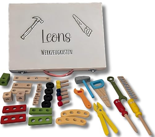Boîte à outils personnalisée pour enfants, mallette à outils en bois avec le nom comme idée cadeau, de nombreux beaux véhicules, etc. à construire soi-même