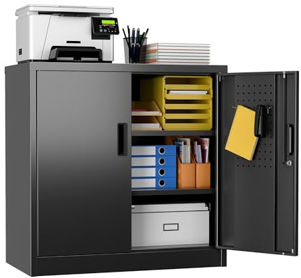LOCENHU Metallschrank mit Lochplatte und Haken, 80 cm Hoch, 2 Verstellbare Regalböden, Geeignet für Zuhause, Büro, Garage, Schule, Zum Selbstaufbau, Schwarz