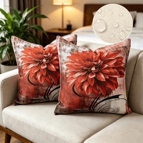 OYIMUA Weich Chenille Blumen Kissenbezug 40x40 Rot 2er Set | Modern Sofakissen Dekokissen,Quadratisch Couchkissen Kuschelkissen,Deko Wohnzimmer Schlafzimmer,Beidseitig Bedruckt