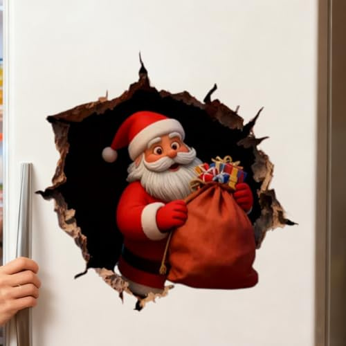 Weihnachtsmann Wandaufkleber, Selbstklebend Weihnachtsaufkleber Mit 3D Weihnachtsmann Bricht Durch Die Wand Effekt Weihnachts Fensteraufkleber Türaufkleber Für Zuhause Kühlschrank Schlafzimmer Küche