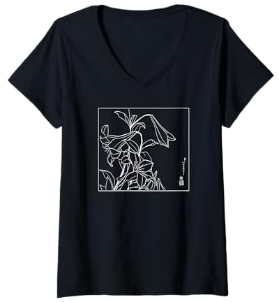 Donna Fiori di Giglio Giapponese Line Art - Hokusai Inspired Botanical Maglietta con Collo a V