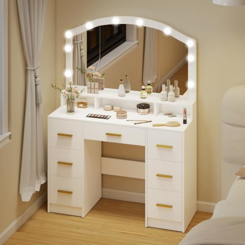 HOMCOM Schminktisch mit 10 LED-Leuchten in 3 Farben, Schminkkommode mit Spiegel, Schminktisch mit 7 Schubladen, 3 Fächer, modern, für Schlafzimmer, Wohnzimmer, weiß