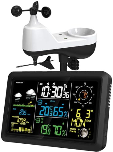 Stazione meteorologica wireless per interni ed esterni, sensore solare esterno 6 in 1, pluviometro + anemometro per velocità/direzione del vento, temperatura, umidità, pressione barometrica, ampio d