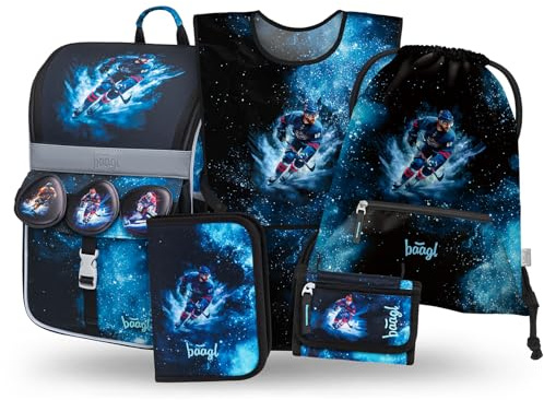 Baagl Schulranzen Jungen Mädchen Set 5 Teilig (Zippy Schultasche für 1. Klasse, Mäppchen, Turnbeutel, Schürze, Brustbeutel), Grundschule Ranzen, Ergonomischer Schulrucksack, 18 l