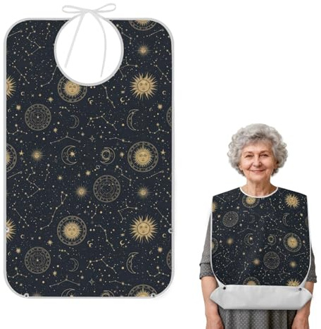 Lxqimora Astronomy Stars Sun Black Pattern Adult Bibs for Elderly Senior with Crumb Catcher Pocket Water-resistant Reusable Eating Bib Adjustable Neck Food Bibs for Women Men Home Nursing Care